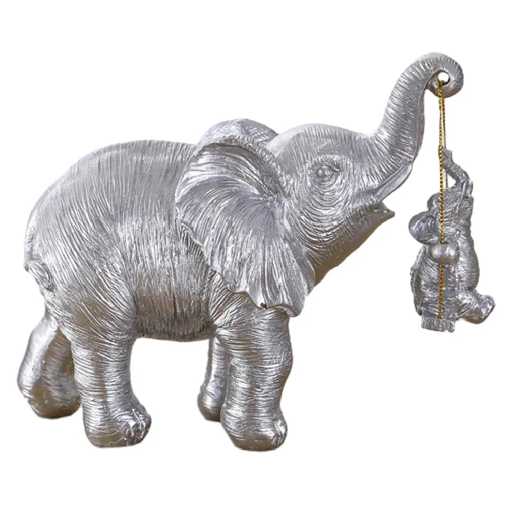 1 Piece of Gold and Silver Mother and Child Elephant Statue Ornament, Mother Holding Baby Elephant in a Warm Pose, Living Room Tabletop, Home Decor Creative Display Item