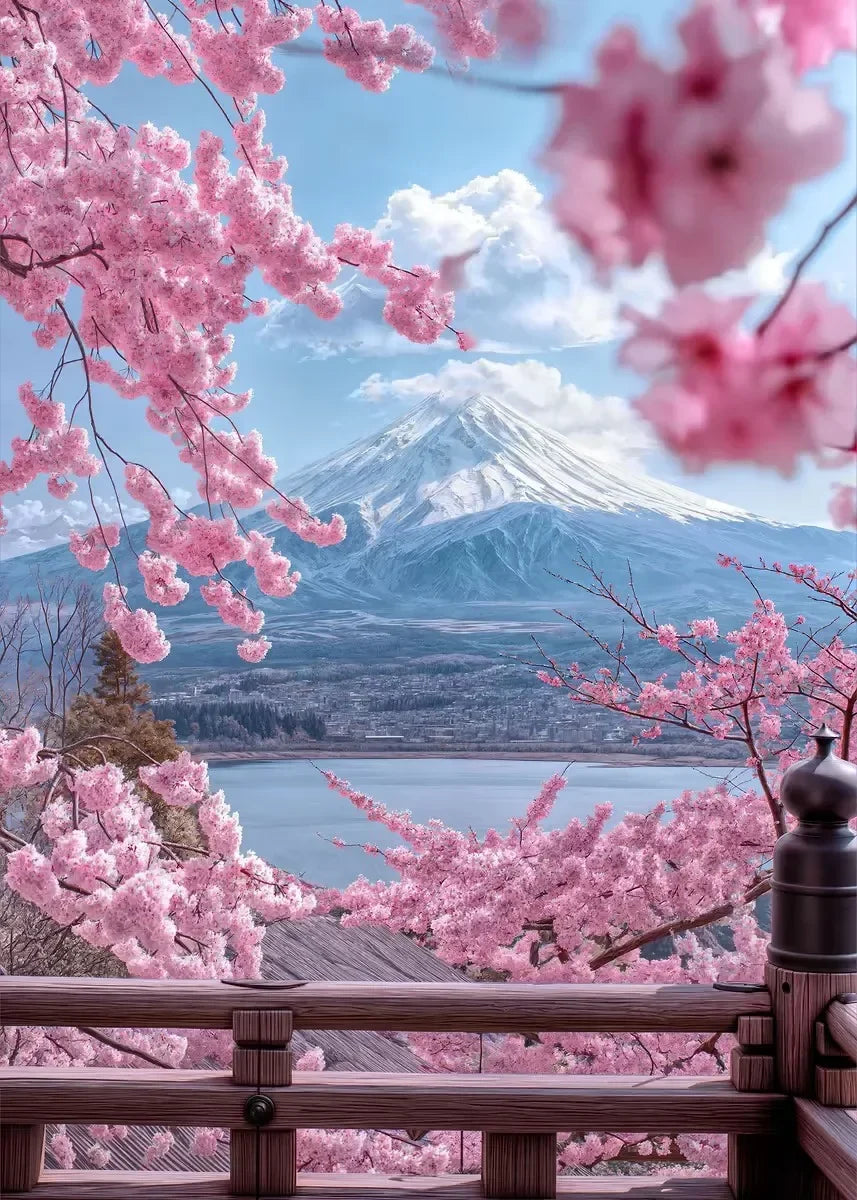Pink City Asian Travel Japanese Cherry Blossoms At Mount Fuji Poster Light Prints Canvas Painting Wall Pictures Home Room Dec