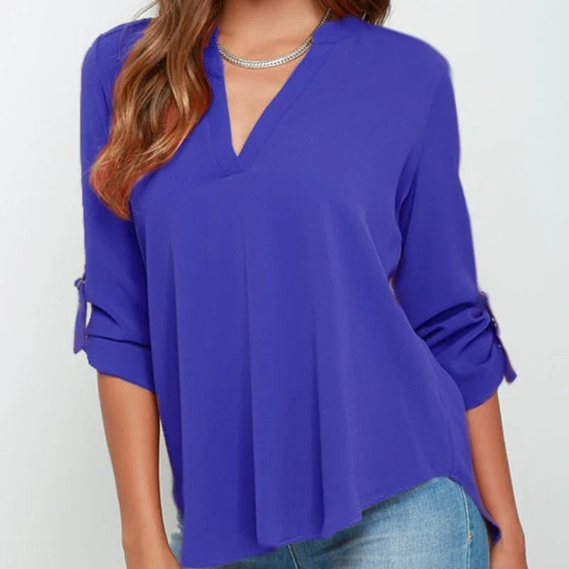 Women Tops Blouses Long Sleeve  V-Neck Chiffon Blouse office work Shirt