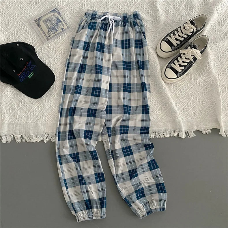 Pants Women New Bunch of Feet Fashion Loose Black Plaid Summer Harajuku Students Streetwear Harem Long Trousers Womens Chic