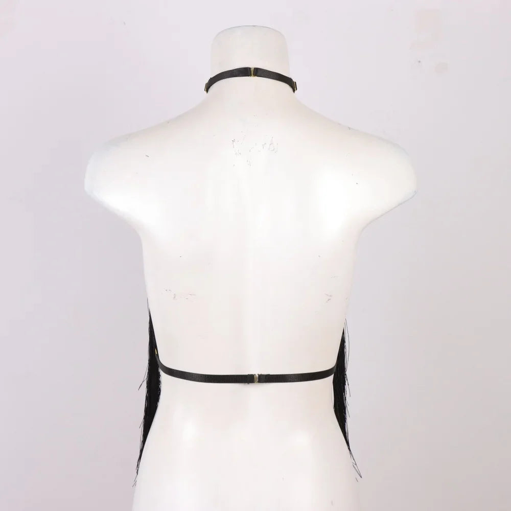 Women'S Black Tassel Halter Top-Adjustable Elastic Harness, All-Season Wear, Casual Attire Top,Tassel Detail Top