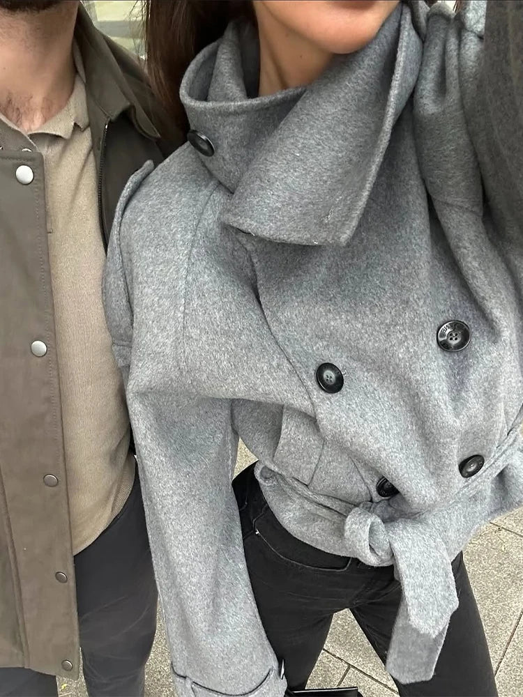 Women Turtleneck Grey Woolen Cropped Coat Chic High Collar Double Breasted Pocket Lace Up Short Overcoat Lady Daily Street Coats