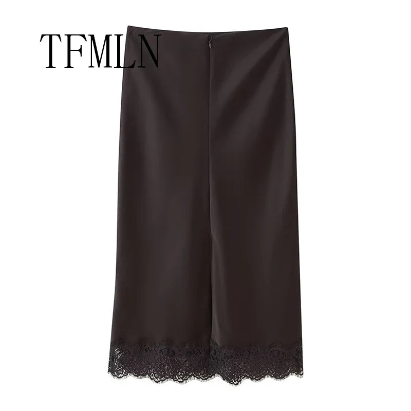 TFMLN Elegant Lace Splice Satin Half Skirt Women's Fashion Wrap Around Long Skirt High Quality Feel New 2025 Style