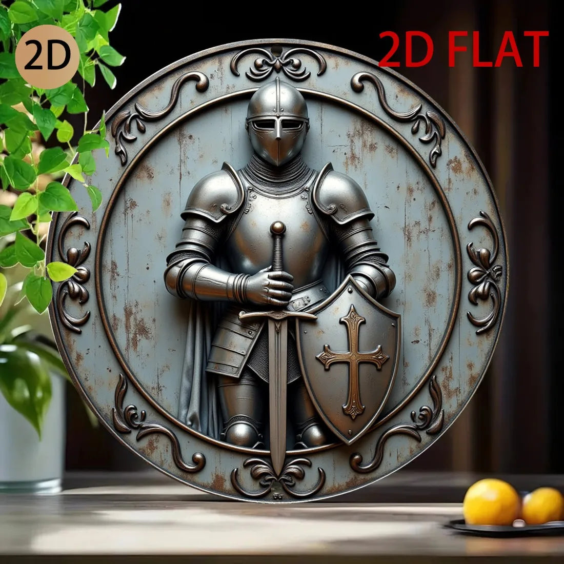 Medieval Knight Metal Wall Art, 3D Shield Spear Round Aluminum Decor for Home Bar Garden