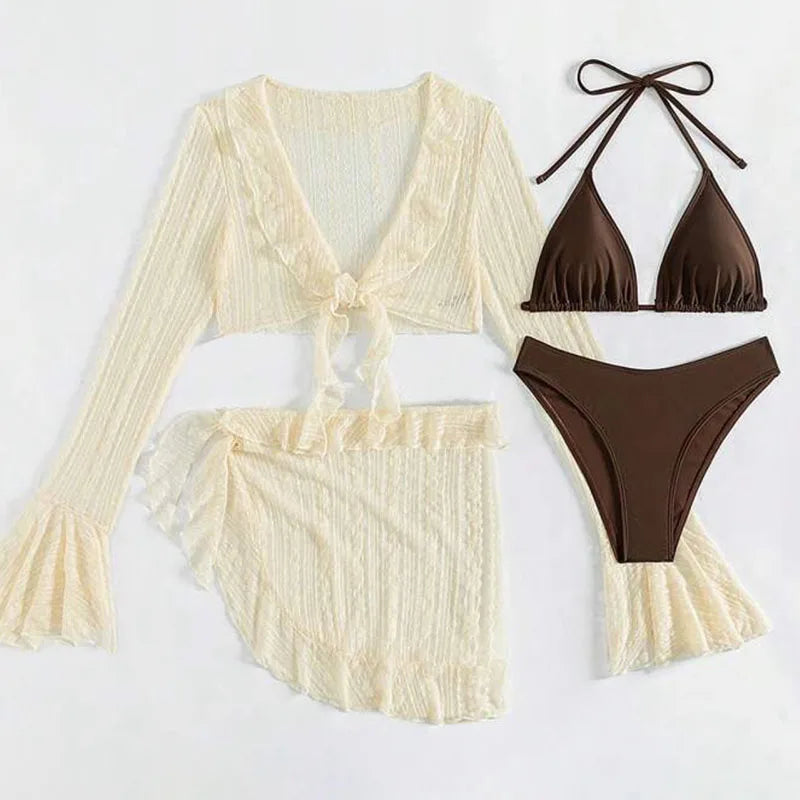 2026 Sexy Four-piece Women Swimsuit Long-sleeve Cover-up Swimwear Summer Solid Bikini Set Brazilian Beachwear Party bathing suit