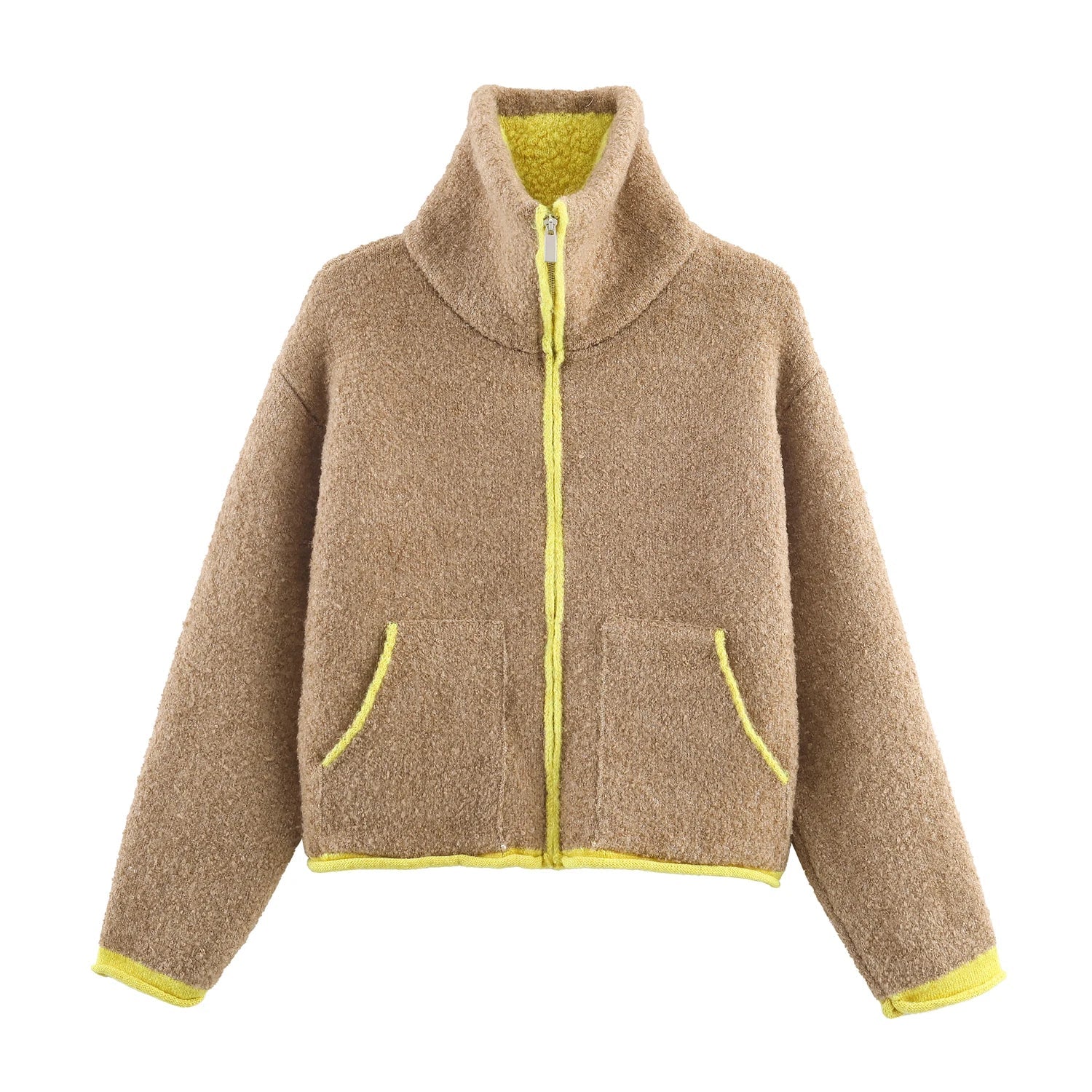 2025 Winter New Product Women's Lazy Style Loose Contrasting Color Decorative Layer Knitted Pilot Jacket Coat