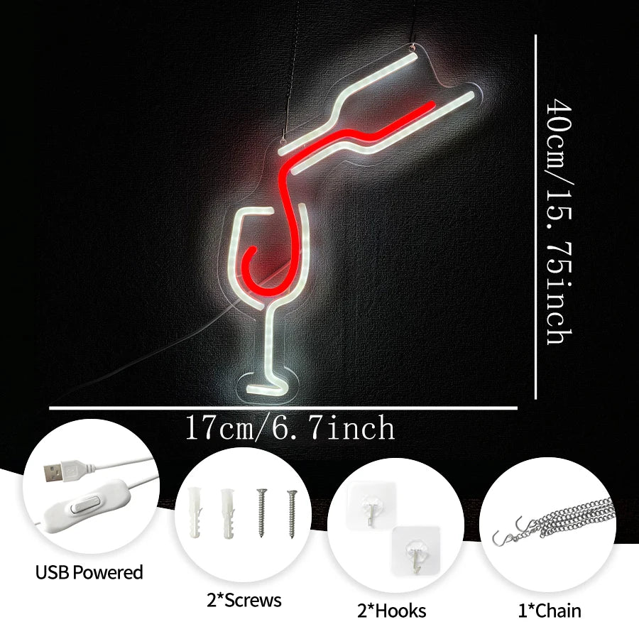 Red Wine Glass Led Neon Sign, Hand-Made Pouring Icon, Usb Powered, Suitable For Restaurants, Clubs, Family Gatherings, Bar Decor