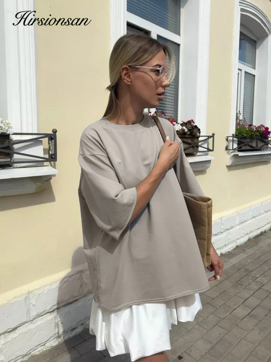 Hirsionsan Summer Casual Oversized T-shirts Women 100% Cotton Pink Loose Tees 2025 New Cusual Solid O Neck Female Aesthetic Tops