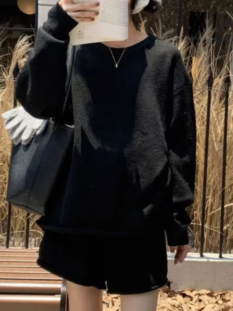 Korean Style Sweater Two 2 Piece Set Women Vintage Autumn Winter Pullover Knitted Tops + Casual Shorts 2 Piece Outfits Female