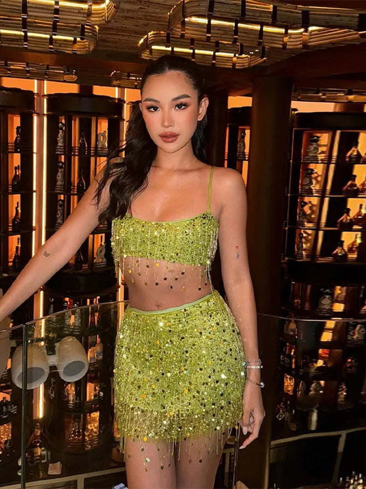 Sexy Tassel Chains Women's Set Elegant Solid Sequins Hip Package Female Party Mini Skirts Summer Holiday Lady Outfit Beachwear