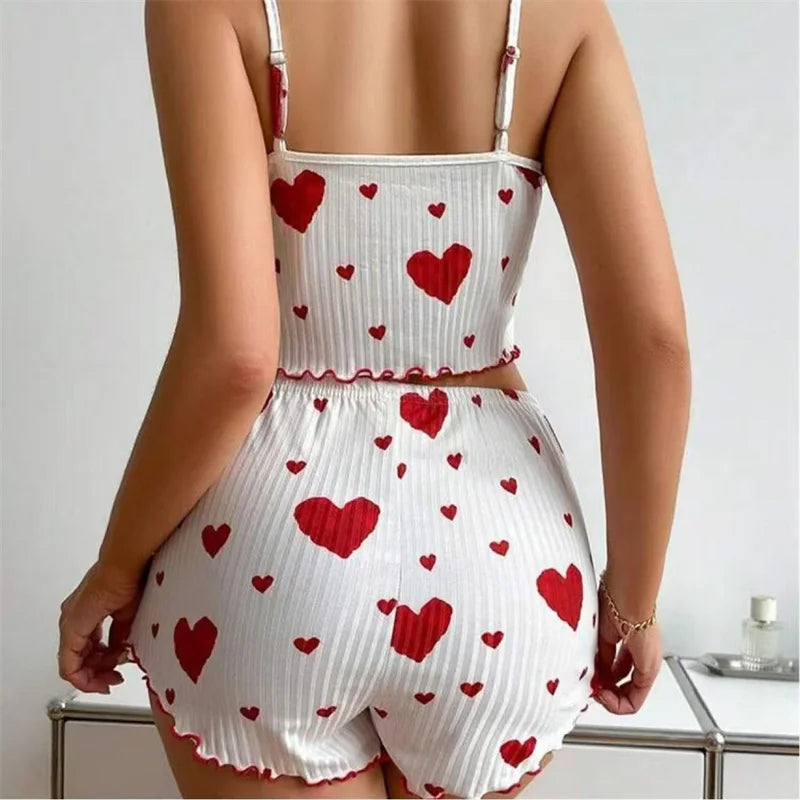 5 Size Choose S M L XL 2XL Women's Pajamas Set Straps Sleepwear Vest + Shorts Red Heart Print Nightwear Sexy Lingerie