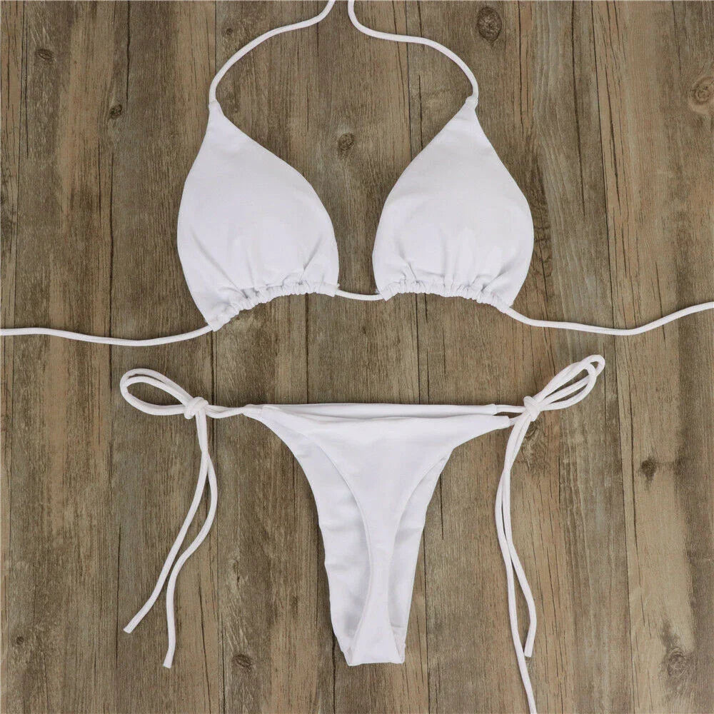 Women Tie Sexy Thong Bikini Set Side Swimsuit Bandage Style Brazilian Swimwear Split Strap Adjustable Solid Female Swimsuit Set
