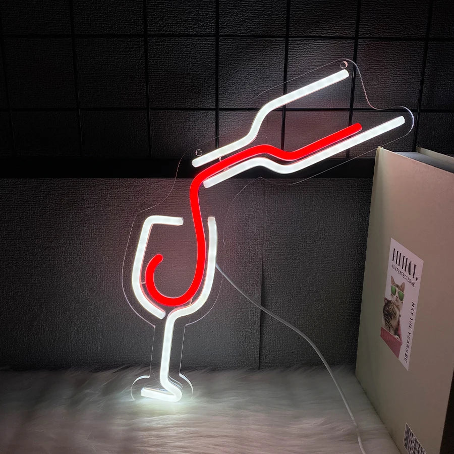 Red Wine Glass Led Neon Sign, Hand-Made Pouring Icon, Usb Powered, Suitable For Restaurants, Clubs, Family Gatherings, Bar Decor