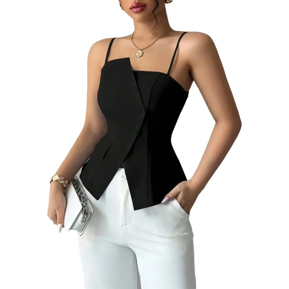 Womens Cami Top Thin Strap Asymmetric Button Cami Top Button Blazer Vest Fit Elegant Chic Apparel Tops Spring Summer Daily Shirt