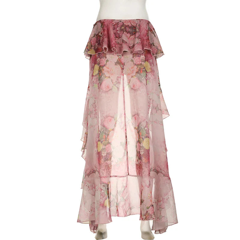 SUCHCUTE Y2K Vacation Floral Printed Long Skirts Holiday Beach Sexy Low Waist Aesthetics Lace Skirt Women Grunge Party Outfits