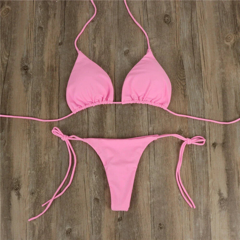 Women Tie Sexy Thong Bikini Set Side Swimsuit Bandage Style Brazilian Swimwear Split Strap Adjustable Solid Female Swimsuit Set