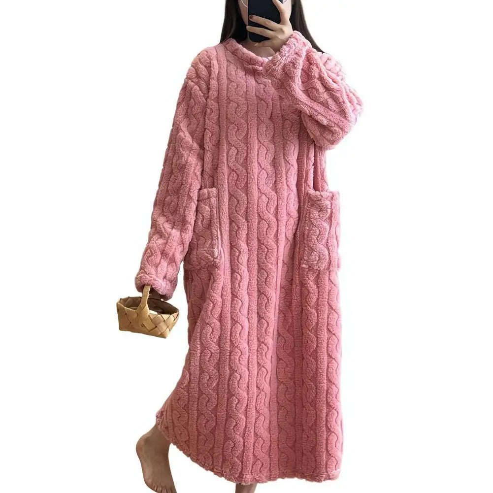 Coral Velvet Women's Nightgown Autumn And Winter Long Sleeve Double Pocket Flannel Nightgowns Women Loose Solid Sleepwear