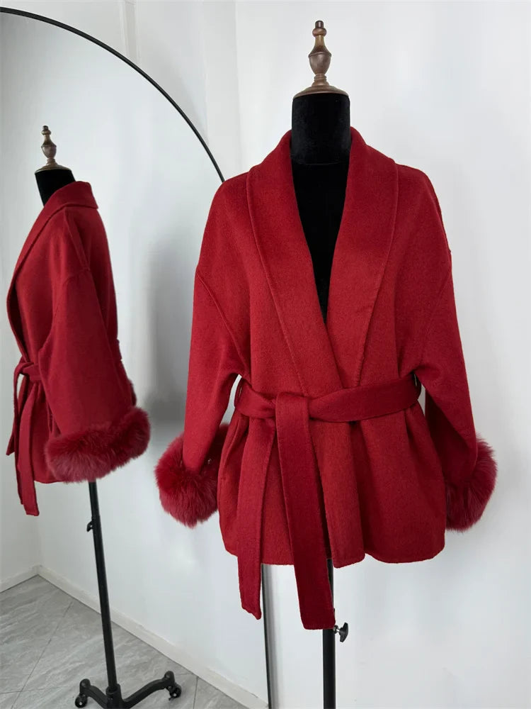 Tossy Fox Fur Wool Overcoat Women's Short Coat Office Lady Elegant Double-sided Woolen Coat 2025 New Cardigan Jackets Loose Wool