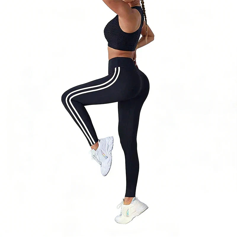 Womens High Waist Striped Yoga Leggings Butt Lifting Stretchy Breathable Tummy Control Soft Workout Pants for Gym Running