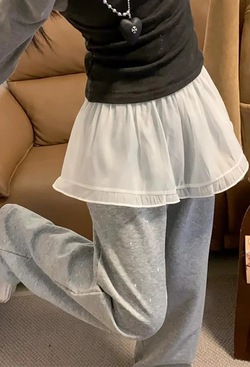 Solid Harajuku White Beige Mesh Lace Skirt Y2k Korean Girl Stacked Skirt Chic Apron Wrap Skirt Lace Up Matching Pants Streetwear