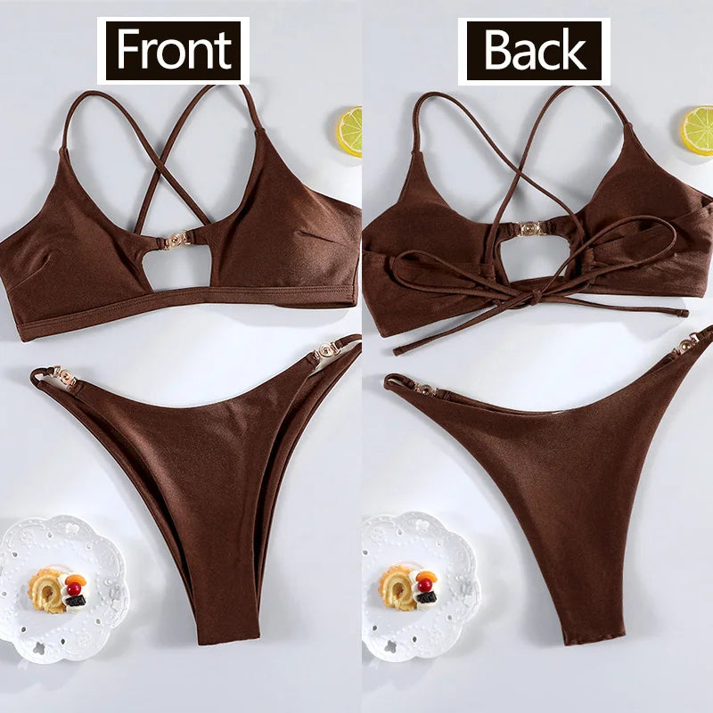 Miyouj Bandage Swimwear Summer Swimsuit High Cut Bikini Set Solid Sexy 2-Piece Suit New Bathsuit Hollow Out Thongs Beachwear