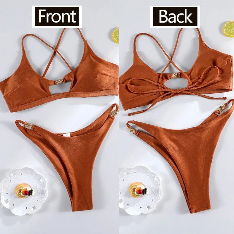 Miyouj Bandage Swimwear Summer Swimsuit High Cut Bikini Set Solid Sexy 2-Piece Suit New Bathsuit Hollow Out Thongs Beachwear