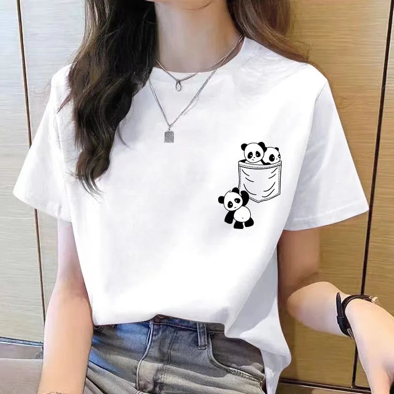 2026 Women's New Spring/Summer Fashion Trend Solid Color Short-Sleeve Panda Print Elegant Loose-Fit Crew Neck T-Shirt