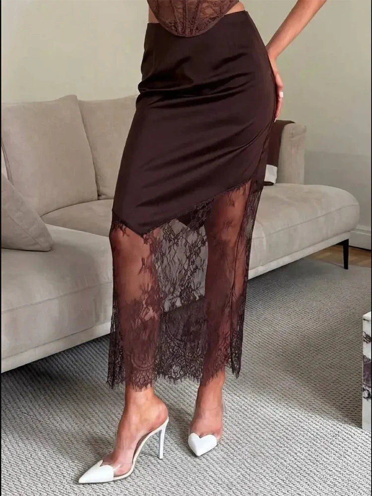 Trendix Women Patchwork Lace Skirts 2025 New High Waist Slim Hollow Out Maxi Skirts Autumn Brown Fashion Party Club Boho Skirt