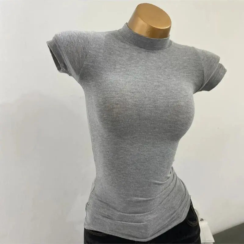 Women's Slim Fit Turtleneck Ribbed Knit Crop Top Casual Basic Tight Knit Sexy Fitted Cropped T-Shirt