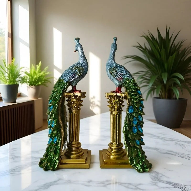 A pair of exquisite peacock ornaments standing on Roman columns add an artistic touch to the home.