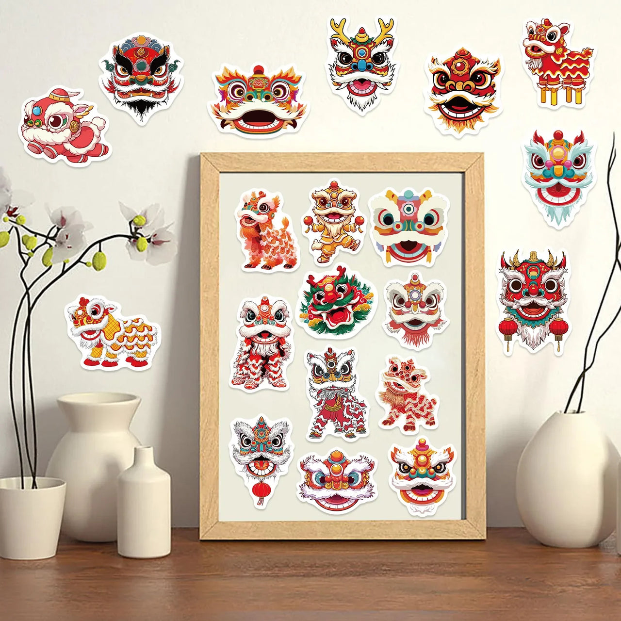 50/100PCS Cartoon New Year Lion Dance Graffiti Stickers - DIY Guitar Notebook Luggage Waterproof Stationery Decorative Stickers
