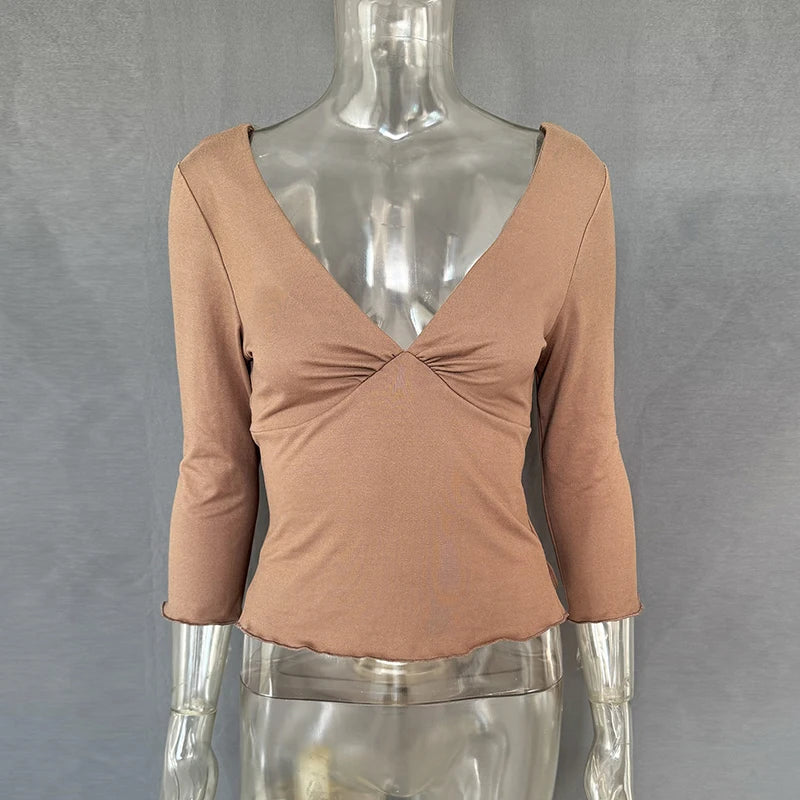 Sexy V-Neck T-shirts Women Tops Summer Long Sleeve Slit Solid Pullover Slim-Fit Chic High-Street 2026 Female Shirts Tee Tops