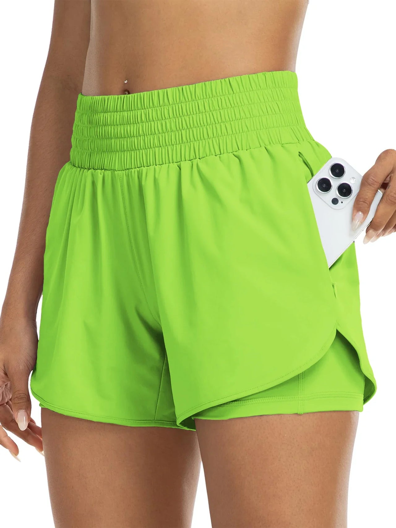 Women's high-waisted athletic shorts for running, yoga, layered design, anti-exposure, fitness, and workout with pockets