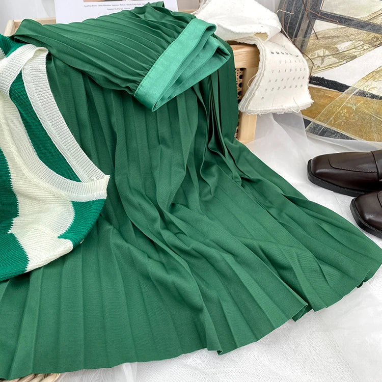 2026 Elegant High Waist Pleated Skirt for Women Mid-long Midi Skirt Female High Quality Black Saia