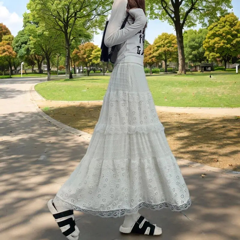 Lace Skirts Women French Style Ankle-length High Elastic Waist Hollow Out Patchwork New Loose Slim Korean  A-line Sweet Fit