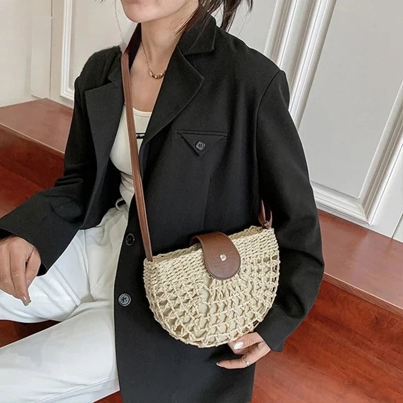 Crossbody Bags Summer Straw Bag Fashion Semicircle Crossbody Bags Rattan Handmade Messenger Handbag Travel Beach Bags Tote