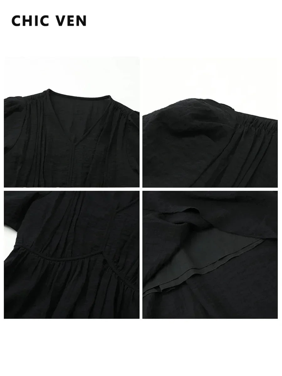 CHIC VEN Women Dresses French Style Vintage V-neck Puff Sleeve Long Dress Solid Black Loose Female Clothing Summer New 2023