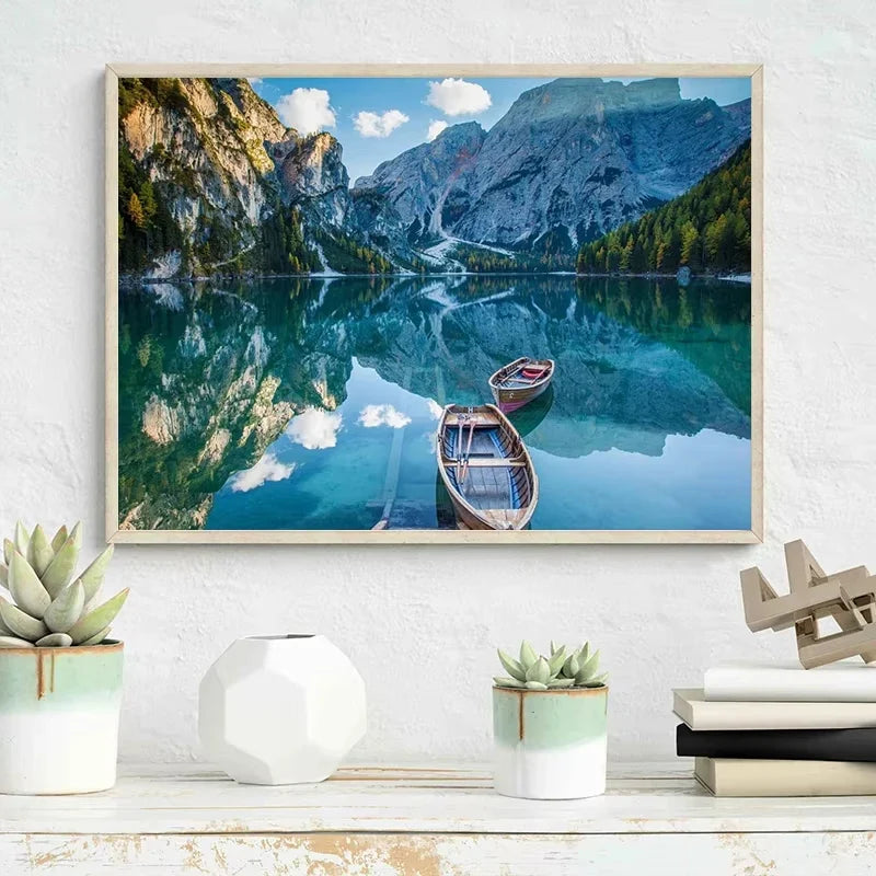 Nature Landscape Green Forest Mountain Lake Boat Poster Print Canvas Painting Wall Art Pictures Modern Living Room Home Decor