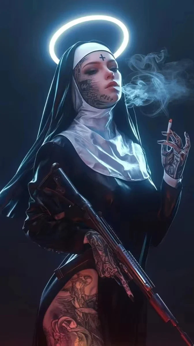 Sexy Tattoo Machine Gun Nun Poster Print Christian Smoking Nun Canvas Painting Living Room Background Wall Home Decoration