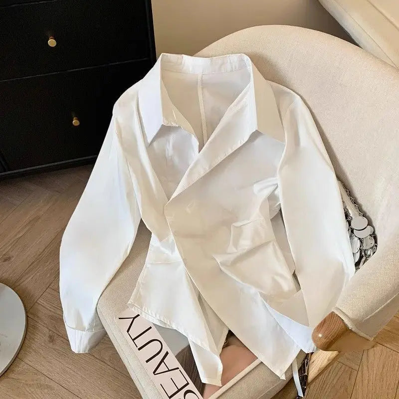 Designer Irregular Long sleeve Polo Shirt Women Tunic White Elegant Basic Top Blouse Ladies Fashion Work Wear Shirts