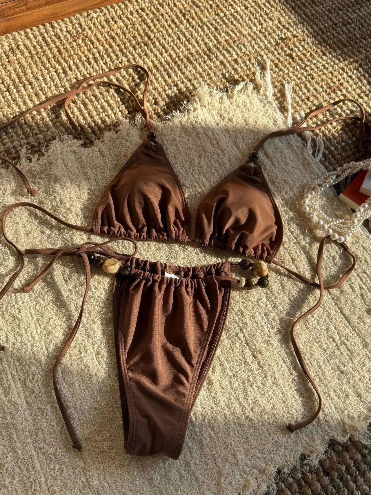 Sexy Brown Bikini 2026 Women Solid Red Halter Push Up Bra Tie Side Triangle Swimsuit Summer Bathing Suit Lace Up Micro Swimwear