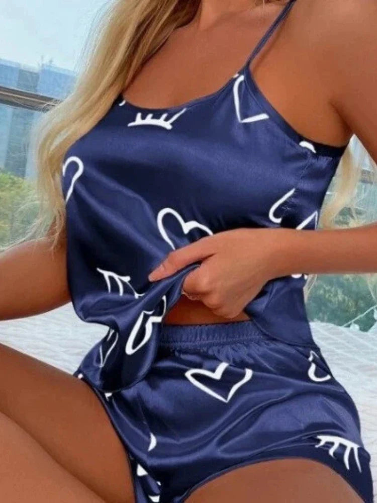 New Women's Pajama Set Short Sleeveless Loungewear Heart Printing Comfort Home Wear Sleepwear Cotton Casual  Sexy Sleepwear