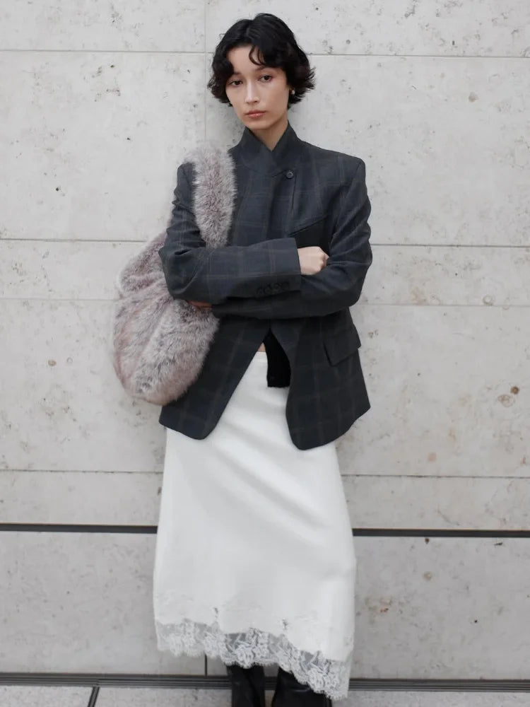 Women Irregular Plaid Blazer Jacket Stand Collar Full Sleeve Split Loose Short Jackets 2026 Fashion Lady Daily Commute Outwears