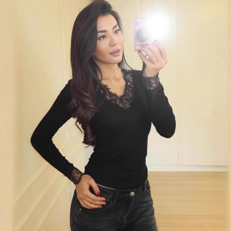 Women Solid Lace Splicing T-Shirt Soft Slim American Style Spring Autumn Long Sleeve Top Commuting Fashionable Casual Clothing