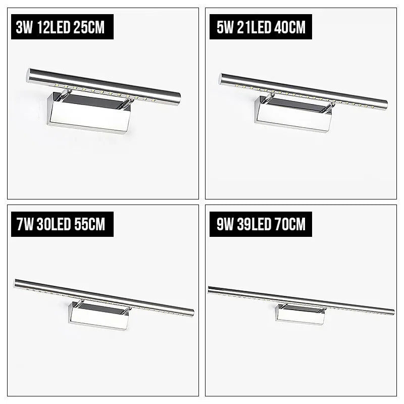 Waterproof 5W LED Stainless Steel Mirror Lamp Rotatable Super Bright SMD5050 LED Light for Bathroom Cabinet with Switch