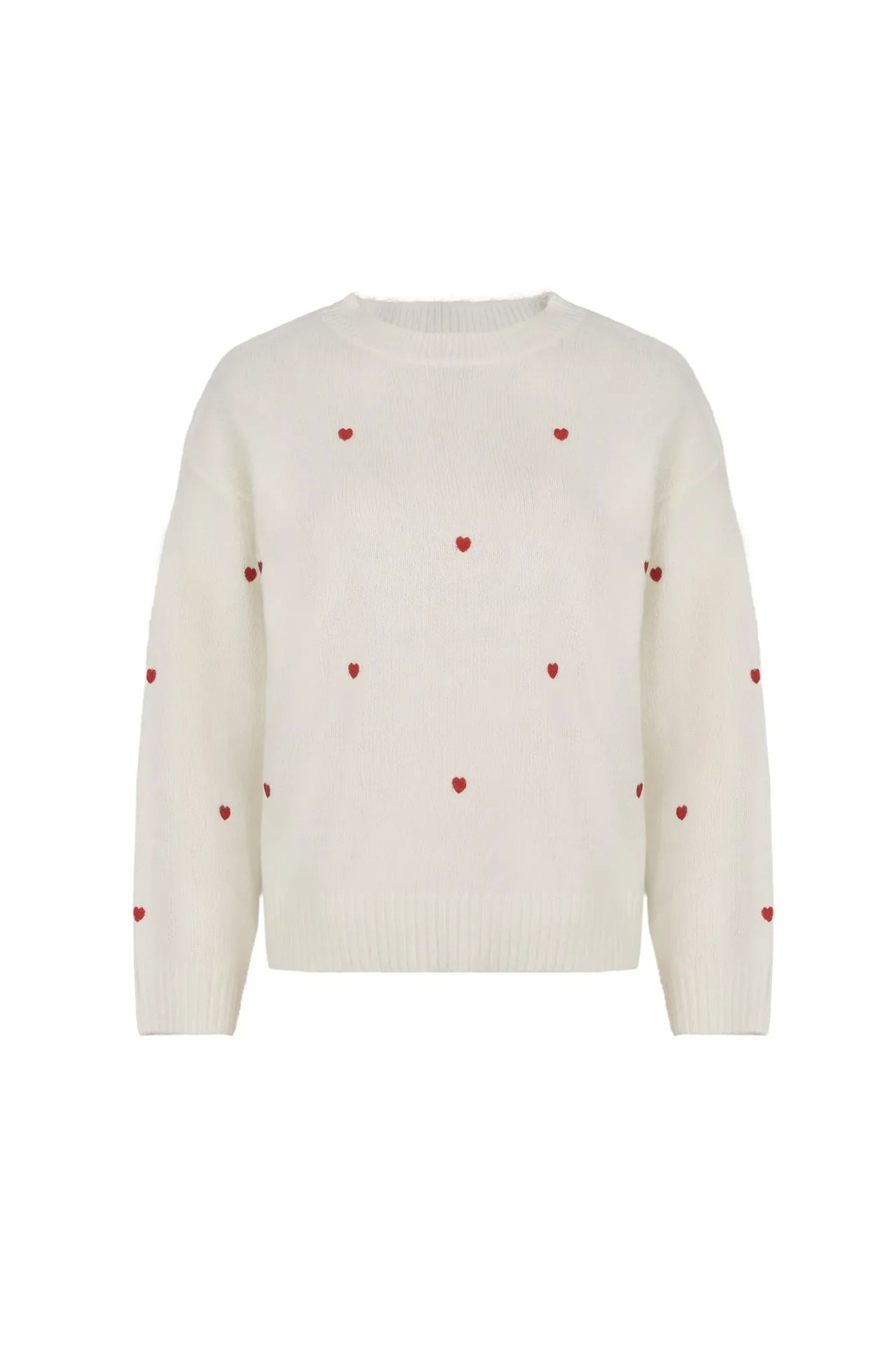 Women's Cream Red Heart Embroidered  Knit Sweater Crew Neck Long Sleeve Casual Pullover Fashion Comfortable Top