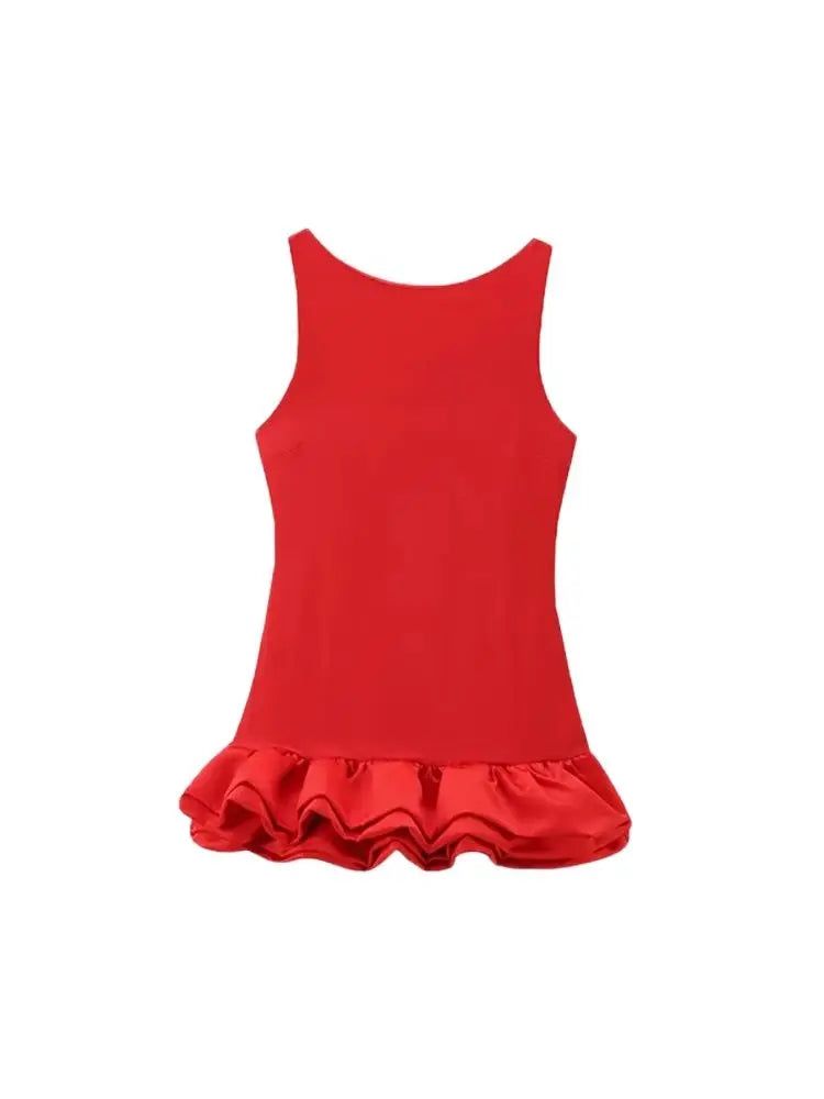 Women's Patchwork Voluminous Mini Dress, O-Neck, Backless With Zipper, Female Dresses, Sexy Fashion