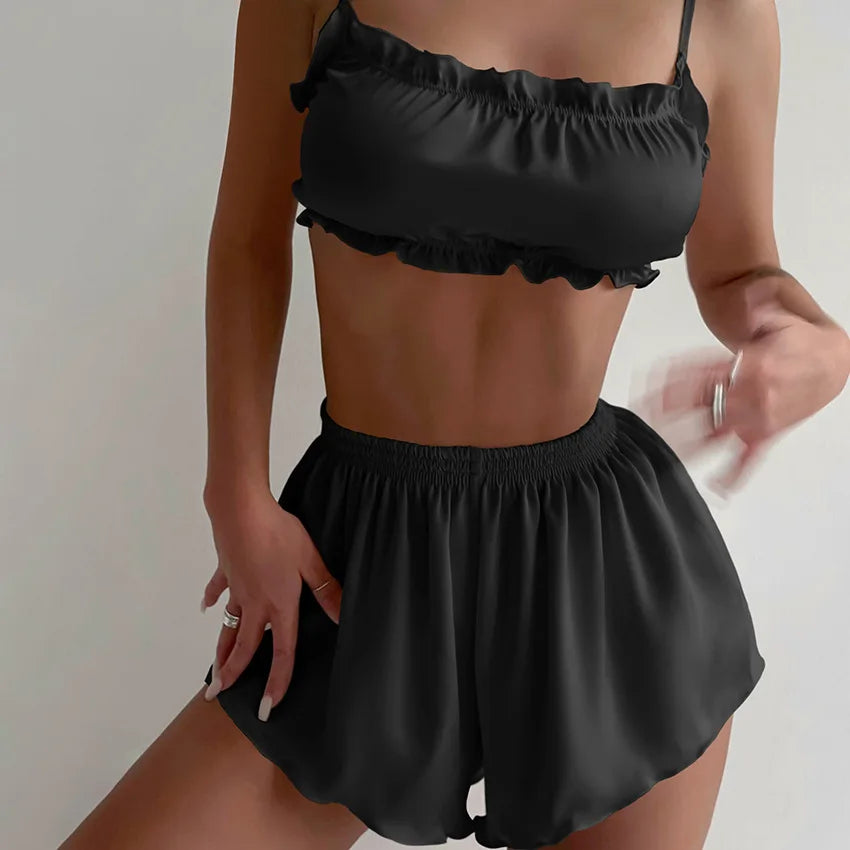 Silky Elegant Women 2 Piece Set Casual Sleeveless Ruffles Camisole+Shorts Matching Streetwear Casual Outfits