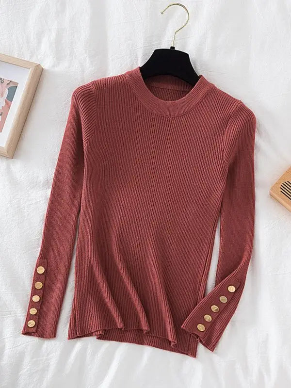 2026 women thick sweater pullovers khaki casual autumn winter button o-neck chic sweater female slim knit top soft jumper tops