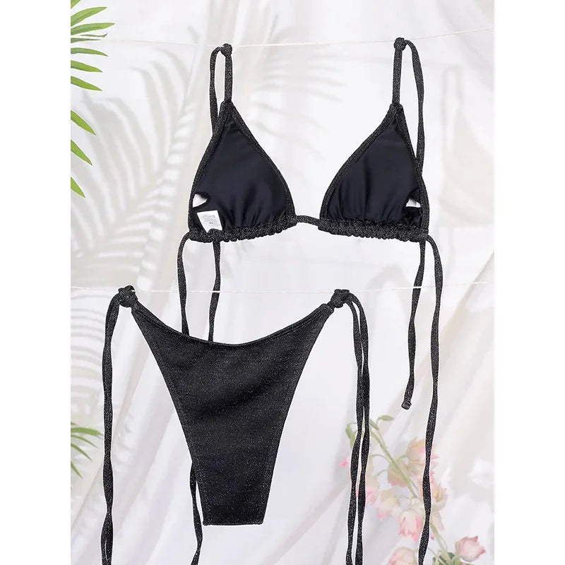 Miyouj Glossy Triangle Bikini Set Bandage Style Two Piece Swimwear for Women Summer Beachwear New Arrival